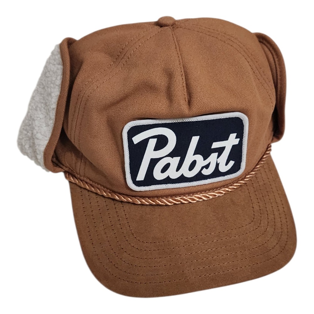 Pabst‎ Blue Ribbon Brown Canvas Trapper Hat Faux Fur Ear Flaps Snapback PBR Logo